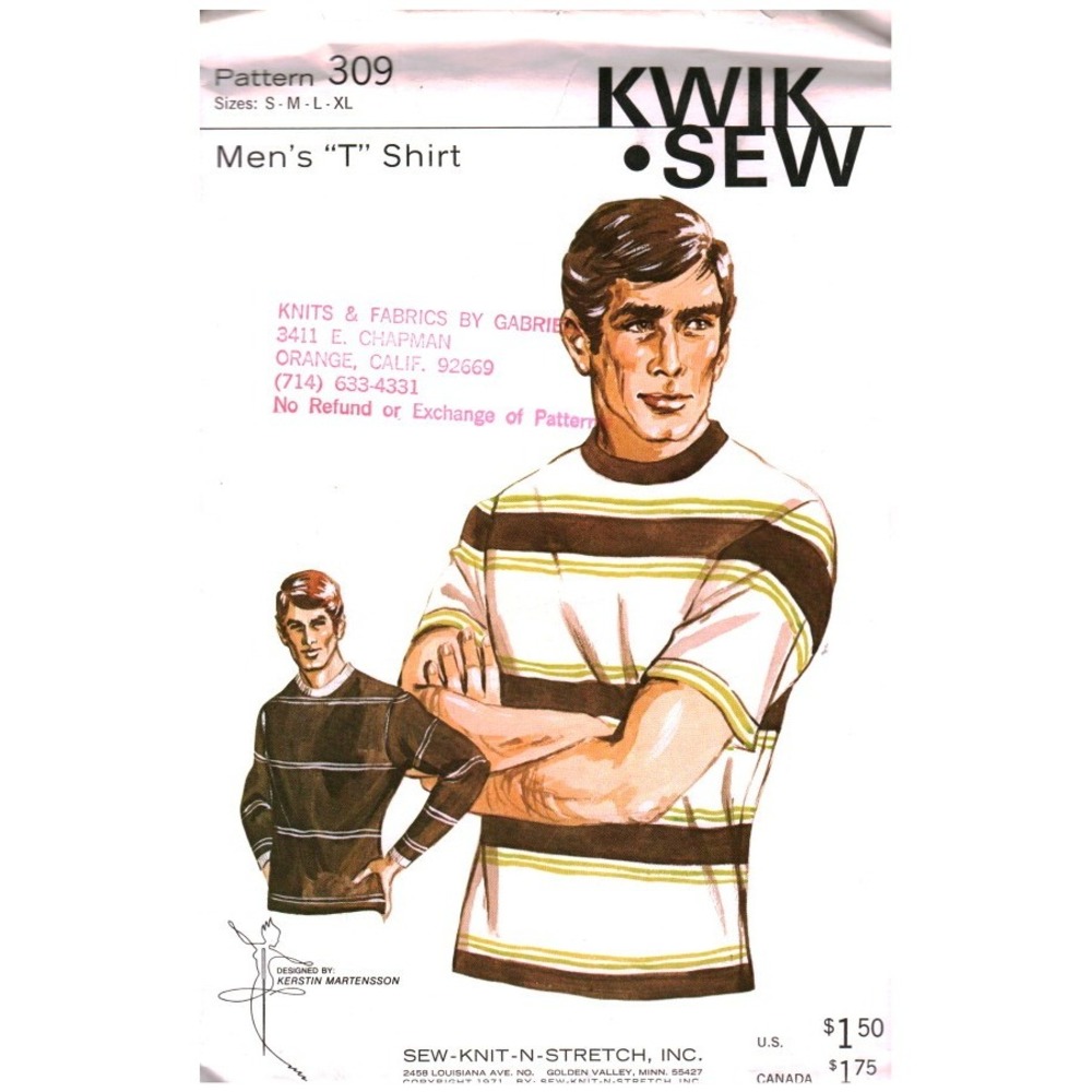 Vintage 1971 Kwik Sew 309 Mens T-Shirt Sewing Pattern Kerstin Martensson S-XL